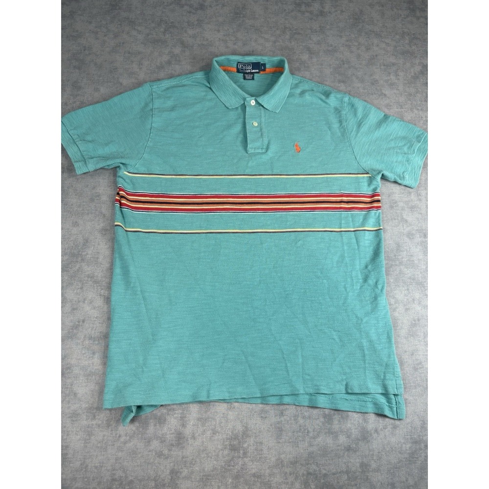 Polo Ralph Lauren Polo Shirt Mens Large Teal Stripe 100% Cotton Short Sleeve